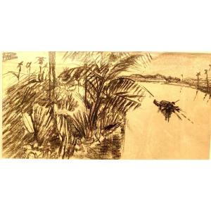 Marcel Bernanose (1884-1952), Un sampan sur la rivière , Dessin au fusain, Signé , Vers 1910,