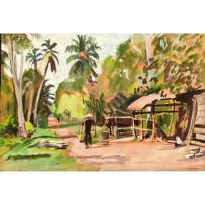 E. Ratel (20th Century), Indochina Landscape, Watercolor On Paper, Signed On The Right, Framed