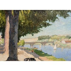 Sedlacek (20th Century), Riverbank, Oil On Canvas Signed, Framed