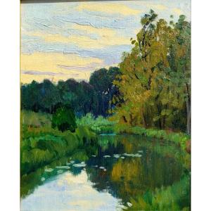 G. Balthazard-bernard (1883-1977), Landscape At The River, Oil On Canvas Signed On The Back, Framed