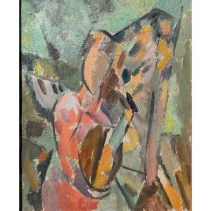 Albert Coste (1895-1985), Woman With Guitar, Oil On Canvas Signed On The Back, Frame