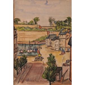 E. Morisot (20th Century), Le Petit Port, Charcoal And Watercolor On Paper,