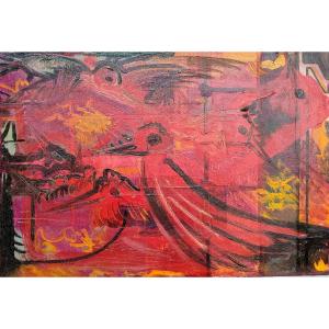 French School, Abstraction With Birds, Oil On Canvas, 1950s