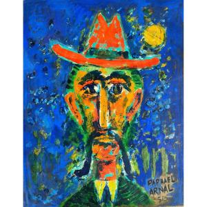 Raphael Arnal (1906-1963), L'homme au chapeau rouge, Gouache Signée, datée 54 au dos, Encadrée