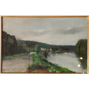 Pj Pelletier (1869-1931), Bord De Seine, Pastel On Paper, Signed Right, Framed