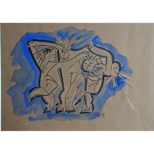 Milo Vojic (1923-2004), The Dance, Ink And Watercolor On Paper, Signed Mv, Framed