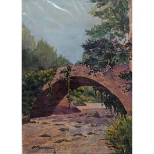 Blondeau (20th Century), The Old Bridge, Watercolor On Paper, Some Foxing, Signed On The Left.