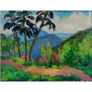 French School 20th Century, Exotic Landscape, Oil On Cardboard