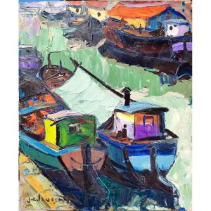 Jean-emile Laurent (1906-), The Barges At The Quay, Oil On Isorel Signed On The Left