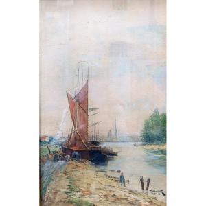 E. Saulnier (1801-1878), View Of The Seine At Rouen, Watercolor On Paper, Dated 74, Signed, Located