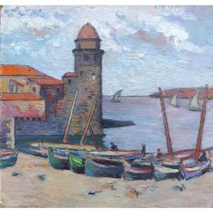 French School, 20th Century, View Of Collioure Beach, Oil On Cardboard