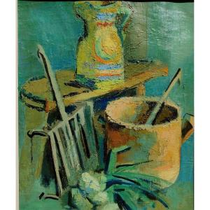 French School 20th Century, Still Life With Jug, Oil On Canvas, Framed