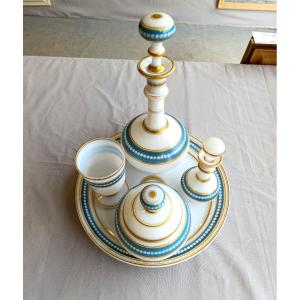 White Opaline Water Glass With Napoleon III, Blue And Gold Decor, Restored Tray