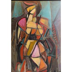 Post-cubist School, 20th Century, Standing Nude, Oil On Panel Signed By Mono Vr