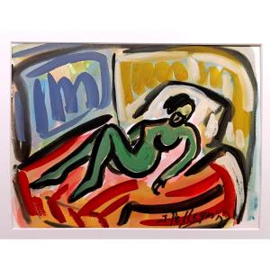 Jacques Pellegrin (1944-2021), Reclining Nude, Watercolor And Gouache On Paper, Signed