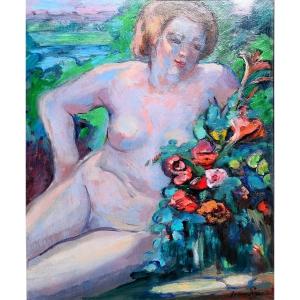 Jean Lair (20th Century), Nude With Flowers, Oil On Canvas Signed, Framed
