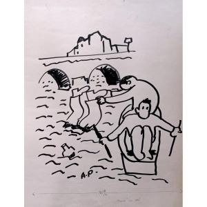 P. Ambrogiani (1907-1985), The Drowned Man Of The Auffes Valley, Felt-tip Pen On Paper Signed Pa