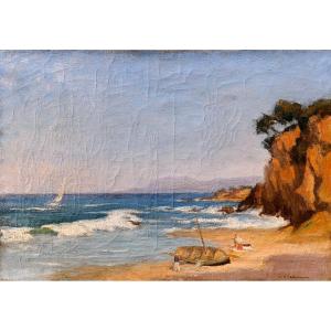 Ch. A. Edelmann (1879-1950), The Beach At Carqueiranne, Oil On Canvas Signed, Framed