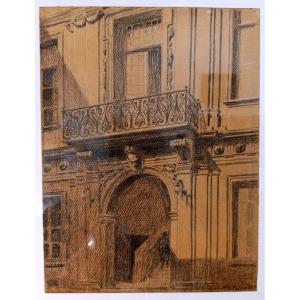 Edouard Pannetier (1884-1965), Charcoal On Paper, Aix Town Hall Signed, Framed