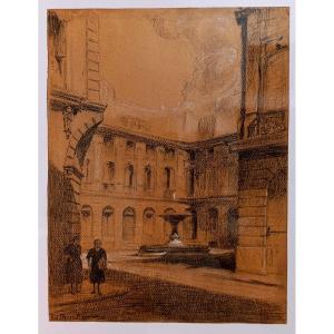 Edouard Pannetier (1884-1965), Charcoal Drawing On Paper, Place d'Albertas, Aix, Signed, Framed