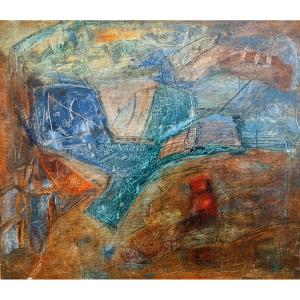 Modern School 20th Century, Abstract Composition, Oil On Cardboard, Framed