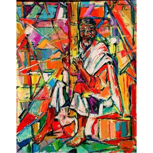 Malagasy School, 20th Century, The Valiha Player, Oil On Panel Signed,59 , Framed