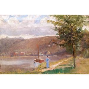 French School 20th Century, Walk By The Lake, Oil On Canvas