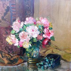 French School, 20th Century, Bouquet Of Roses, Oil On Canvas, 1930s/1940s, Framed