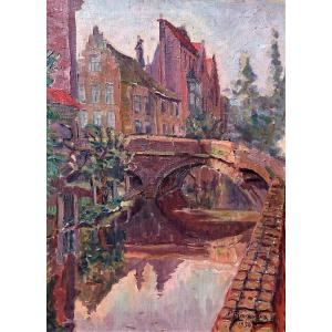 P. Froidevaux, (1918-1998), Bruges, The Flemish Bridge, Oil On Canvas, Signed, Dated 1936, Framed