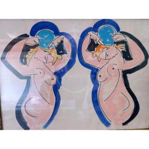 Milo Vojic (1923-2004), The Dancers, Ink And Watercolor On Paper, Signed Mv, Framed