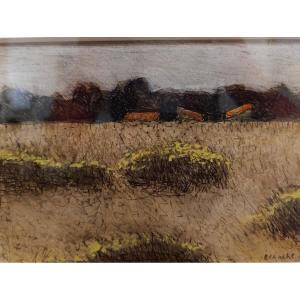 Jean-pierre Blanche (1927-2022), Rooftops In The Fields, Pastel On Paper, Signed, Framed