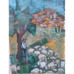 D. Leca (20th Century), The Shepherd And His Flock, Oil On Paper, Signed, Dated 68
