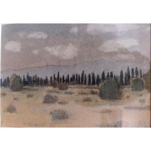 Jean-pierre Blanche (1927-2022), Plain And Cypress, Pastel On Paper, Framed Under Glass