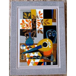 J. Poulain (20th Century), Enamelled Sheet Metal Plaque, Post-cubist, 1958, Nehaus, With Stand