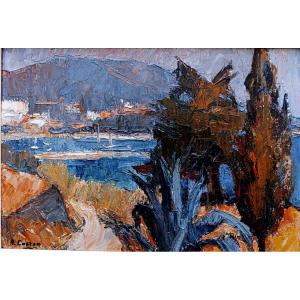 H. Caston (20th Century), Mediterranean Coastline, Oil On Cardboard, Signed, Framed