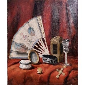 French School, 19th Century, Still Life With Fan, Oil On Canvas, Framed