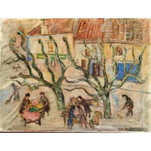 Manceron (20th Century), The Provençal Market In Winter, Oil On Canvas, Signed