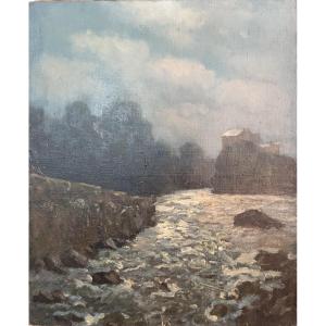 French School, 20th Century, The River In Winter, Oil On Canvas, Signed