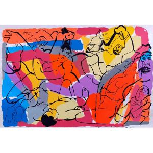 Pierre Ambrogiani (1907-1985), The Wrestlers, Gouache Stencil, Signed