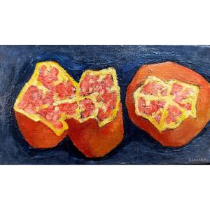 Jean-pierre Blanche (1927-2022), Two Pomegranates On A Blue Background, Oil On Canvas, Signed, Framed