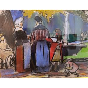 Louis Mathieu Verdilhan (1875-1928), Promenade Au Parc, Pastel On Paper, Signed And Framed