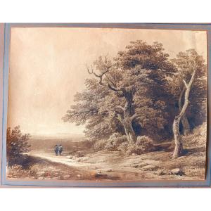 J.b. Louis Hubert (1801-1865), Promenade Sur Le Chemin, Ink Wash Signed, Framed