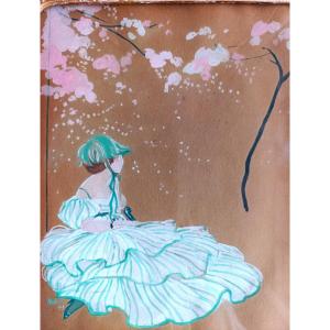 "in The Garden", A Japanese-inspired Gouache, Signed Lower Right