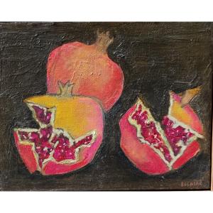 Jean-pierre Blanche (1927-2022), Triple Grenades On Brown Background, Oil On Wood, Signed, Framed