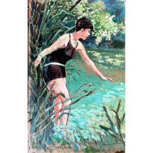Ecole Française XXème, Le Bain De Rivière, Oil On Cardboard, Signed, Framed