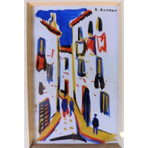 Henri Autran (1926-), Promenade Au Village, Gouache On Paper, Signed, Framed