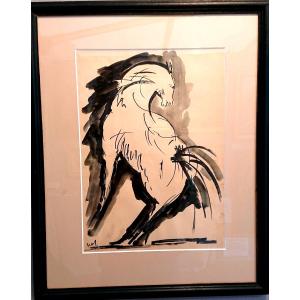 Milo Vojic (1923-2004), The Prancing Horse, Ink And Watercolor On Paper, Signed Mv, Framed