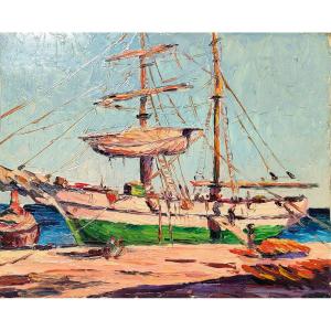 Bernanosis. M (1884-1952), Unloading At The Quay, Indochina? Around 1920, Signed Stamp On The Back