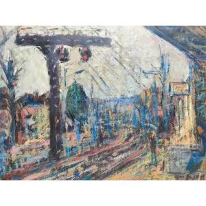 R. Rosso (1924-1986), The Station, Pastels On Paper, Signed, Framed Under Glass