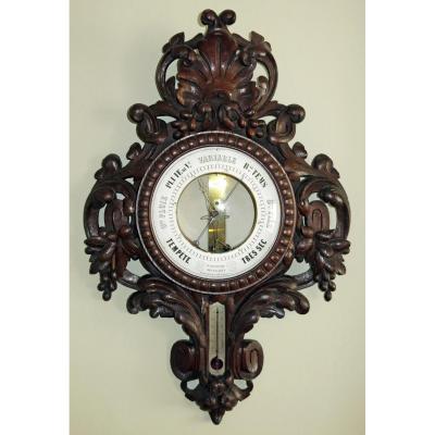 Wall Barometer Bourdon & Richard Carved Oak. C.1855